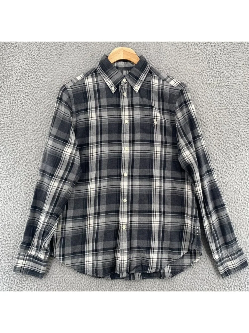 Ralph Lauren Shirt Boys Medium Gray Plaid Flannel Button Up Collar Long Sleeve
